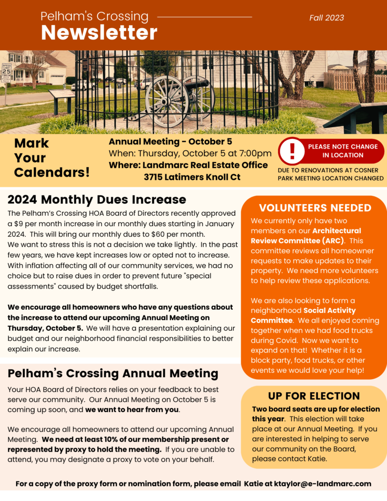 Page 2 - Pelham's Crossing HOA Newsletter. Please download PDF for readability.