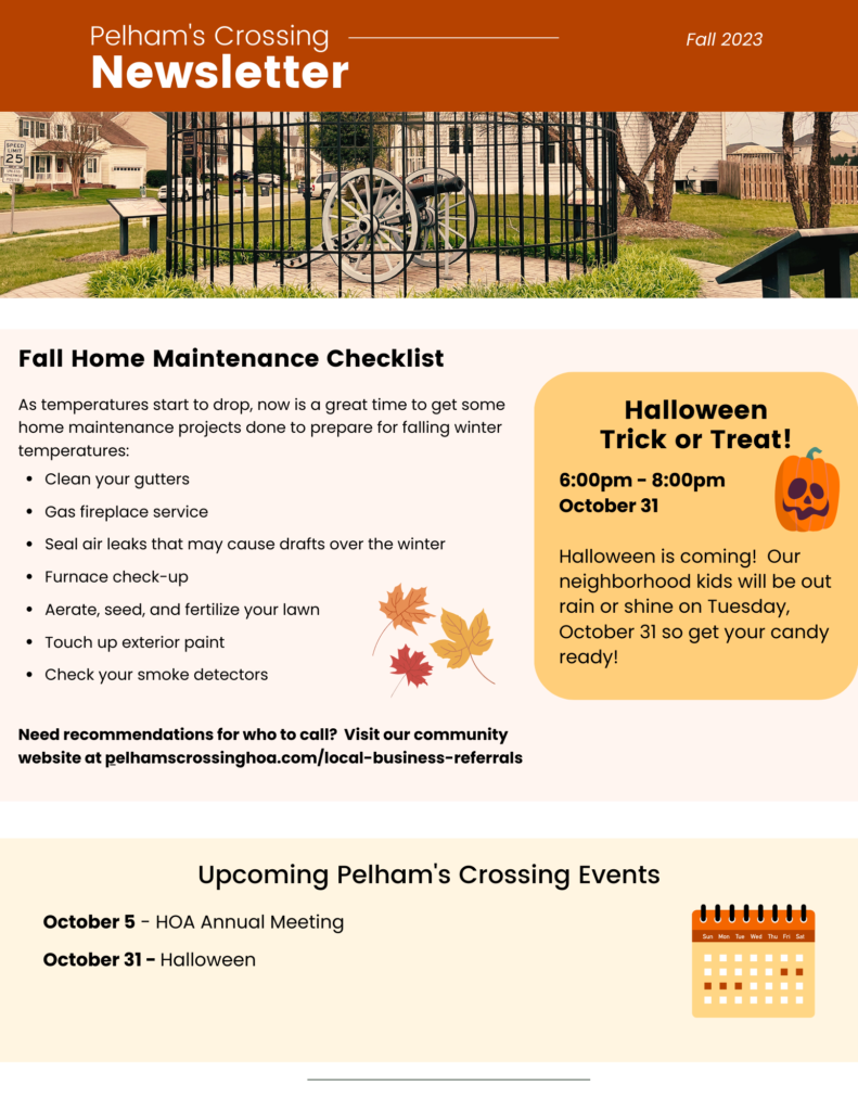 Page 2 - Pelham's Crossing HOA Newsletter. Please download PDF for readability.